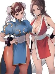 2girls absurdres arm_guards bare_shoulders bracelet breasts brown_eyes brown_hair bun_cover capcom capcom_vs_snk china_dress chinese_clothes chun-li cleavage crossover death_battle double_bun dress fatal_fury female female_only fully_clothed hair_bun high_ponytail highres human japanese_clothes jewelry king_of_fighters large_breasts long_hair looking_at_viewer mai_shiranui meke multiple_girls ninja pantyhose pelvic_curtain ponytail revealing_clothes rope sash sideboob simple_background smile snk spiked_bracelet spikes standing street_fighter street_fighter_ii thick_thighs thighs