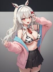 1girls ai_generated cow_bikini cow_ears cow_print_bikini darkraimola_girlfriend eris_cow erispheria erispheria_cow female female_focus female_only goddess hourglass_figure que_bien_come_darkraimola red_eyes twitch virtual_youtuber vtuber white_hair youtube