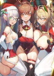 3girls anis_(nikke) bell black_gloves black_thighhighs blonde_hair breast_press breasts brown_hair christmas cleavage commentary_request cup detached_collar elbow_gloves fake_antlers from_side gloves goddess_of_victory:_nikke green_eyes grey_hair grin hair_between_eyes hat highleg highleg_leotard highres holding holding_cup large_breasts leotard long_hair looking_at_viewer looking_to_the_side medium_breasts multiple_girls natori_youkai neck_bell neon_(nikke) open_mouth panties pantyhose pointy_ears rapi_(nikke) red_leotard red_skirt santa_hat shiny_skin skirt smile straight_hair strapless strapless_leotard thighhighs thighs underwear very_long_hair white_gloves white_panties white_pantyhose white_thighhighs yellow_eyes