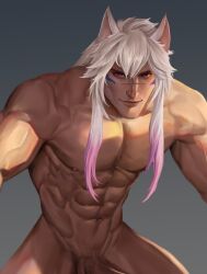 abs animal_ears bara bosoromantics chest cock completely_nude large_pectorals league_of_legends long_hair looking_at_viewer male male_focus male_only muscular_male naked nipples nude_male pecs pectorals penis sett solo solo_focus solo_male spirit_blossom_series spirit_blossom_sett white_hair