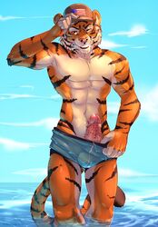 1boy 2018 5_fingers abs animal_genitalia anthro athletic barbed_penis chorpion claws clothed clothing erection feline flag fur furry grin hat hybrid_penis kinsheph looking_at_viewer male male_only mammal navel orange_fur outside partially_clothed penis signature smile solo standing striped_fur stripes swimsuit teeth tiger undressing water yellow_eyes