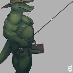 anthro balls biceps crocodilian erection fishing_rod hat howz humanoid_penis male_only musclegut muscular nude pecs penis reptile scalie simple_background slightly_chubby sweat uncut