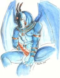 1boy 2017 anthro dragon drooling egyptian erection heather_bruton horn jewelry looking_at_viewer male male_only markings nipples penis saliva scalie scar solo tongue wings