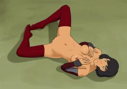 1girls anaxus avatar_legends breasts covering_breasts female lying lying_on_ground naked opal_bei_fong pussy solo solo_female spread_legs stockings the_legend_of_korra