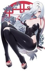 1girls black_nails blue_eyes blush bodysuit breasts bunny_girl bunnysuit female female_focus female_only genshin_impact long_hair nail_polish nanoless open_toe_shoes shenhe_(genshin_impact) solo solo_female solo_focus white_hair