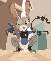 anthro anus belt bottomless clitoris clothed clothing crouching disney female flat_chest flat_chested full_body hi_res inside judy_hopps lagomorph mammal one_eye_closed open_mouth pants peeing police_uniform purple_eyes pussy rabbit sake_(pixiv) shirt solo spread_legs spreading teeth uncensored undressing uniform urine vest watersports zootopia