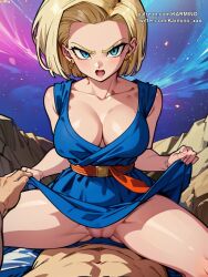 1girls ai_generated android_18 blonde_female blonde_hair blue_eyes dragon_ball dragon_ball_super dragon_ball_z female jacket karmino medium_breasts only_female