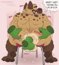 2018 ahe_gao ambiguous_species anal anal_sex anthro anus ass balls blush brown_fur chair cum cum_from_ass dialogue disembodied_hand english_text erection fur gay green_penis hyena looking_at_viewer looking_back looking_pleasured male mammal muscular muscular_male onomatopoeia open_mouth paws penetration penis presenting presenting_anus presenting_hindquarters rear_view scalie simple_background sitting smile solo_focus sound_effects spots spotted_fur sweat tailless talking_to_viewer text themongrel vein veiny_penis yaoi