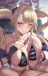 1boy 1girls american_flag_bikini azur_lane bikini blonde_hair blue_eyes breasts cum cum_between_breasts eagle_union_(azur_lane) female guam_(azur_lane) hi_res huge_breasts huge_cock large_breasts light-skinned_female light-skinned_male light_skin long_hair male paizuri penis satou_aji smile symbol-shaped_pupils titjob twintails