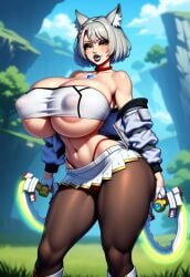 1girls adapted_costume ai_generated alternate_version_available arched_back areola areolae bare_shoulders battle_bimbo bimbo bimbo_body bimbo_lips bimbofication blue_sky breasts breasts_bigger_than_head cameltoe cat_ears catgirl choker cleavage cliff cloud collarbone confident curvaceous curvy curvy_figure eyeshadow female gigantic_breasts gold_eyes grass grass_field hair_ornament half-closed_eyes huge_ass huge_breasts jacket jacket_off_shoulders knee_boots legs_apart lipstick long_sleeves makeup massive_breasts microskirt mio_(xenoblade) navel nipple_bulge novelai off_shoulder outdoors pantyhose seductive seductive_look seductive_smile shiny_skin short_hair skirt smile smirk smirking smirking_at_viewer solo solo_female taut_clothes tgm101_(artist) thick_lips thick_thighs thin_waist thong tubetop underboob voluptuous voluptuous_female white_hair wide_hips xenoblade_(series) xenoblade_chronicles_3 yellow_eyes
