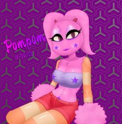 artist_name bandeau bare_shoulders breasts character_name cleavage closed_mouth collarbone colored_skin crop_top dated english_text eyeshadow female furry furry_female high_resolution highres lipstick looking_at_viewer makeup medium_breasts midriff my_singing_monsters navel pink_fur pink_hair pomily pompom_(my_singing_monsters) rogue_(artist) self_upload shiny shiny_fur shiny_skin shirt short_shorts shorts signature sitting smile solo star_(symbol) star_tattoo stomach strapless tattoo tube_top twintails