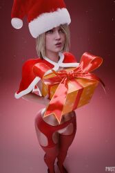 3d 3d_(artwork) 4k athletic athletic_female big_breasts blender blender_(software) blonde_hair blue_eyes bottomless breasts busty christmas christmas_clothing christmas_headwear christmas_outfit dc dc_comics female female_focus female_only full_body garter_belt garter_straps gift hi_res high_heels highres hourglass_figure injustice_2 navel nude nude_female nudity partially_clothed pnut power_girl pubes pubic_hair short_hair smile solo standing supergirl superheroine superman_(series) watermark wide_hips