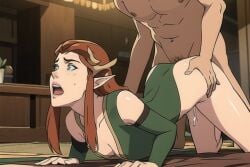 1boy ai_generated antlers ass ass_grab ass_up breasts critical_role critical_role:_vox_machina doggy_style female from_behind green_eyes indoor keyleth long_hair male orgasm orgasm_face red_hair sex solo the_legend_of_vox_machina wooden_floor ww132