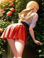 ai_generated ass bent_over blonde_female blonde_hair blonde_hair blondie flower flowers garden hedge legs red_skirt rose roses skirt white_shirt