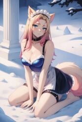 1girls ahri ai_generated alternate_costume blonde_hair blue_eyes breasts choker female fox_ears k/da_all_out_ahri k/da_all_out_series kirill782 kneeling league_of_legends maid maid_headdress medium_breasts multicolored_hair pink_hair snow stable_diffusion