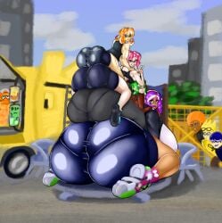 4boys 4girls ari_(skankingsalmonid) artist_signature ass_bigger_than_head ass_focus ass_stack ass_tower backboob beefmaster big_ass big_breasts boob_window breasts_bigger_than_head clothed dark-skinned_male detailed_background female huge_ass huge_breasts hyper_ass hyper_breasts inkling inkling_boy inkling_girl larger_female nintendo no_bra no_underwear octoling_boy panties_visible_through_clothing pussy_visible_through_clothes sideboob splatoon splatoon_2 splatoon_3 thong yoga_pants