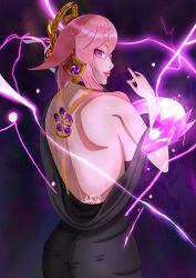 black_dress genshin_impact pink_hair purple_eyes purple_light solo_female yae_miko