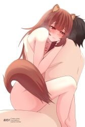 animal_ears blush blushing_female chest_markings chestnut_hair dark_hair heart-shaped_pupils heart_eyes hug hugging leg_lock naofumi_iwatani niui racoon_ears racoon_girl raphtalia sex slave_crest tail tate_no_yuusha_no_nariagari the_rising_of_the_shield_hero wholesome wholesome_nudity wholesome_sex