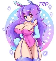 big_breasts bunny_ears bunnysuit cottontailva heterochromia looking_at_viewer purple_hair smile tagme thick_thighs thighhighs trd-yo