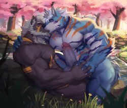 abs absurd_res anthro balls biceps big_muscles big_penis black_nose blue_body blue_fur bodily_fluids brown_body brown_fur bulge cherry_blossom cherry_blossom_tree cherry_tree claws closed_eyes dripping duo erection eye_scar facial_scar fingers forest fruit_tree fur genital_fluids genitals glans gold_markings hair hand_holding hi_res horn jewelry kissing kult2k leaking_precum looking_at_another male markings muscular muscular_anthro muscular_male muscular_thighs navel nipple_piercing nipples on_ground open_mouth orange_markings outside pecs penis piercing pink_glans pink_nipples pink_nose plant precum precum_drip precum_on_leg purple_markings ring_piercing scar tail teeth thick_penis touching_noses tree triceps tuft white_balls white_body white_claws white_fur white_hair white_horn white_penis