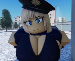 1girl 1girls 3d blonde_hair blue_eyes boob_window cleavage cleavage_cutout eyebrows eyelashes female hands_behind_back heart-shaped_pupils large_breasts legoeater looking_at_viewer outdoors outside police police_hat police_officer police_uniform policewoman pov revealing_clothes roblox robloxian smile tagme