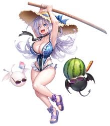 2others alternate_costume aqua_eyes armpits asahi breasts cleavage curvy female food fruit full_body grey_hair highleg highleg_swimsuit highres huge_breasts large_breasts lilith-soft long_hair looking_at_viewer miriam_(taimanin_asagi) multiple_others official_alternate_costume official_art one-piece_swimsuit open_mouth pointy_ears shiny_skin smile solo sunglasses swimsuit sword taimanin_(series) taimanin_rpgx very_long_hair watermelon weapon white_background wide_hips wooden_sword