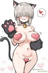 1girls big_breasts blush breasts cat_ears cat_paws cat_tail collar female female_only functionally_nude functionally_nude_female grey_hair hair hair_over_eyes headwear heart_pasties huge_breasts momoiro_tunozemi motion_lines neckwear pasties red_pasties short_hair smile solo solo_female spoken_heart thighs uzaki-chan_wa_asobitai! uzaki_yanagi