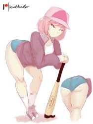 1girls ass_focus baseball_bat baseball_cap bent_over delinquent doki_doki_literature_club female jean_shorts jeans lewddoodler melee_weapon natsuki_(doki_doki_literature_club) punk punk_girl sandman shorts solo the_sandman thick_ass weapon