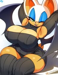 1girls 2023 bat bat_wings biped breasts cleavage clothed clothing eyeliner female female_focus female_only green_eyes hi_res krokobyaka looking_at_viewer makeup mammal rouge_the_bat sega solo sonic_(series) sonic_the_hedgehog_(series) source_request tan_body thick_thighs thighs white_body white_fur white_hair wings