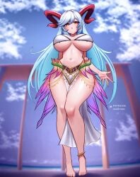 1girls alternate_costume bikini blue_hair breasts female female_only fire_emblem fire_emblem_heroes freyja_(fire_emblem) freyja_(summer)_(fire_emblem) from_below grey_hair horns jaxartdump jaxdrawz large_breasts looking_at_viewer looking_down multicolored_hair nintendo official_alternate_costume red_eyes solo swimsuit white_bikini white_swimsuit