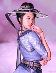 1girls 3d 3d_(artwork) asian asian_female belt black_hair blue_clothing edenian eyelashes female female_only fully_clothed hair_bun hat hat_hibbon kimono kitana kitana_(endless_summer) kitana_(new_era) looking_at_viewer looking_back_at_viewer makeup mortal_kombat mortal_kombat_11 mortal_kombat_1_(2023) nails naughty_face painted_nails pelvic_curtain pink_background pink_lipstick pink_nails princess royalty seductive seductive_look sfw solo tape tied_hair