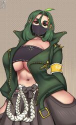 abs alternate_version_available arm_band artist_signature breasts_bigger_than_head choker clothed_female coat cumpot ear_piercings green_coat green_eyebrows green_hair hakama hi_res hip_dips huge_breasts japanese_clothes japanese_text kanji light-skinned_female looking_down_at_viewer mask masked_female midori_(rizdraws) piercings polka-dot_background skirt spiked_choker thick_thighs tube_top twitter_link underboob