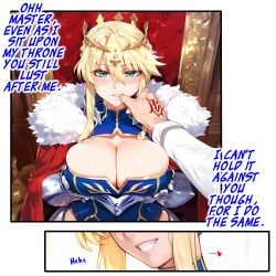 1boy 1girls ai_generated armor artoria_pendragon_(lancer) blonde_hair blue_leotard blush breasts_out cape color comic crown english_text fate_(series) fujimaru_ritsuka_(male) hand_in_mouth leotard looking_at_viewer restless_(artist) straight