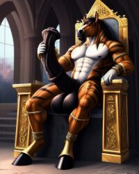 1boy ai_generated anthro anthro_only equid equine equine_genitalia equine_penis horse horsecock huge_balls huge_cock lonely_man muscles muscular muscular_anthro muscular_male striped_body striped_fur stripes throne throne_room