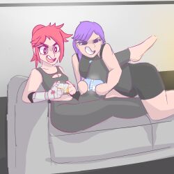 arm_around_leg belle_fontiere boob_window clothed clothing controller couple cute gaming glitch_productions lucinia_porter meta_runner playing_videogame potato_dealer purple_hair red_hair robot_arm sfw shorts smg4 smiling sweatpants video_games yuri