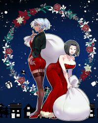 2girls big_breasts black_hair bob_cut canon_genderswap chocolate_and_vanilla christmas christmas_outfit cleavage closed_eyes dark-skinned_female dark_skin female female_only full_body fully_clothed garter_straps genderswap_(mtf) high_heels himuro_ryo kaneda_suekichi kengan_(series) kengan_ashura light-skinned_female light_skin mao_o_moss minidress nylons ponytail rule_63 sheer_clothing short_hair standing stockings thighhighs white_hair zettai_ryouiki