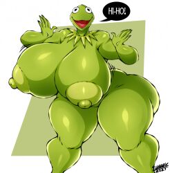 2021 5_fingers absurd_res amphibian anthro areola ass big_areola big_breasts big_butt bouncing_breasts breast_jiggle breasts curvy_figure dialogue english_text female fingers frog green_body green_skin hi_res hourglass_figure huge_areola huge_breasts huge_butt hyper hyper_breasts hyper_butt jiggling kermit_the_frog looking_at_viewer muppets nipples nude open_mouth rule_63 smile solo speech_bubble superix talking_to_viewer text thick_thighs tongue voluptuous wide_hips