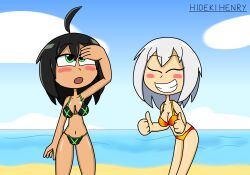 beach bikini black_eyes black_hair console console-tan green_eyes hidekihenry original original_character playstation playstation_1 ps1_tan white_hair xbox xbox-tan