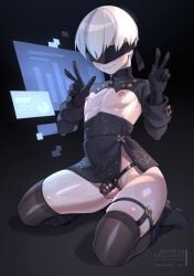 1boy android blindfold boots chastity chastity_cage chastity_device frogzone frogzone_art male male_focus male_only nier:_automata nier_(series) peace_sign solo solo_focus solo_male thick_thighs thigh_highs thighhighs thighs white_hair yorha_9s