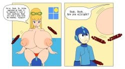 1boy 1boy1girl 1girls 2024 big_nipples blonde_hair blue_eyes bouncing_breasts brother_and_sister capcom collaterale1 doll_joints erect_nipples female gigantic_breasts helmet hyper_breasts jiggle looking_down looking_up male male/female mega_man mega_man(classic) mega_man_(character) ponytail robot robot_boy robot_girl roll taller_female taller_girl text text_bubble thud topless topless_bikini topless_female towering