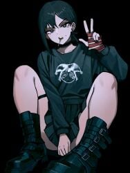 bare_legs black_eyes black_hair boots chainsaw_man dark_hair goth goth_girl higashiyama_kobeni lollipop long_sleeves pomni pomni_(the_amazing_digital_circus) shirt smoking tailwag thick_thighs zeon_(zzeeonn)