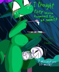 2d blush blush_lines brush dialogue digital_media_(artwork) drool drooling english english_text foreskin freckles freckles_on_face green_body infosprite looking_away looking_up paint painted_balls png rhy-c self_upload smile spiko tail text throbbing_penis uncensored veggiefolk watermark