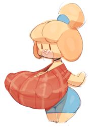 animal_crossing big_ass big_breasts big_nipples boob_window clothed female huge_ass huge_breasts isabelle_(animal_crossing) mishkanarium nipples_visible_through_clothing no_bra no_underwear