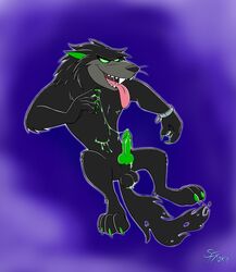 2017 anthro canine claws colored_cum cum danny_phantom ghost glowing glowing_eyes green_cum green_eyes green_penis ian_r_soulfox male male_only mammal penis shackles solo spirit tongue tongue_out unusual_cum wolf wulf_(danny_phantom)