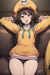 ahe_gao ahegao_face ai_generated brown_hair couch female female_focus female_only guilty_gear hat long_hair madoka_worship may_(guilty_gear) sitting sitting_on_couch skull solo solo_female solo_focus thick_thighs thighs tongue tongue_out