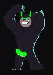 anthro canine claws danny_phantom erection fangs flexing glowing glowing_eyes green_eyes green_penis male male_only mammal muscular penis seyrmo solo teeth wolf wulf_(danny_phantom)