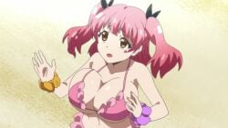 10s animated animated anime_screencap bikini bouncing_breasts breasts cleavage female fujinoki_nene hajimete_no_gal huge_breasts outdoors pink_hair shortstack solo star_(symbol) swimsuit twintails