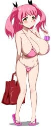 10s bag bikini blush breasts cameltoe cleavage collarbone cropped ero_daisuki female female_focus fujinoki_nene full_body hair_ornament hair_ribbon hajimete_no_gal huge_breasts leaning_forward long_hair long_twintails nail_polish navel pink_bikini pink_hair pink_swimsuit ribbon sandals shortstack simple_background solo standing swimsuit tied_hair toenail_polish twintails white_background yellow_eyes