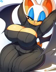 1girls 2023 bat bat_wings biped breasts cleavage clothed clothing eyeliner female female_focus female_only green_eyes hi_res krokobyaka looking_at_viewer makeup mammal rouge_the_bat sega solo sonic_(series) sonic_the_hedgehog_(series) source_request tan_body white_body white_fur white_hair wings