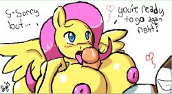 anthro big_breasts blue_eyes blush breasts english_text equine female fluttershy_(mlp) friendship_is_magic gigantic_breasts jmynstyx long_hair male my_little_pony nipples oral_sex paizuri pegasus penis pink_hair signature text titfuck tongue tongue_out wings yellow_body yellow_skin